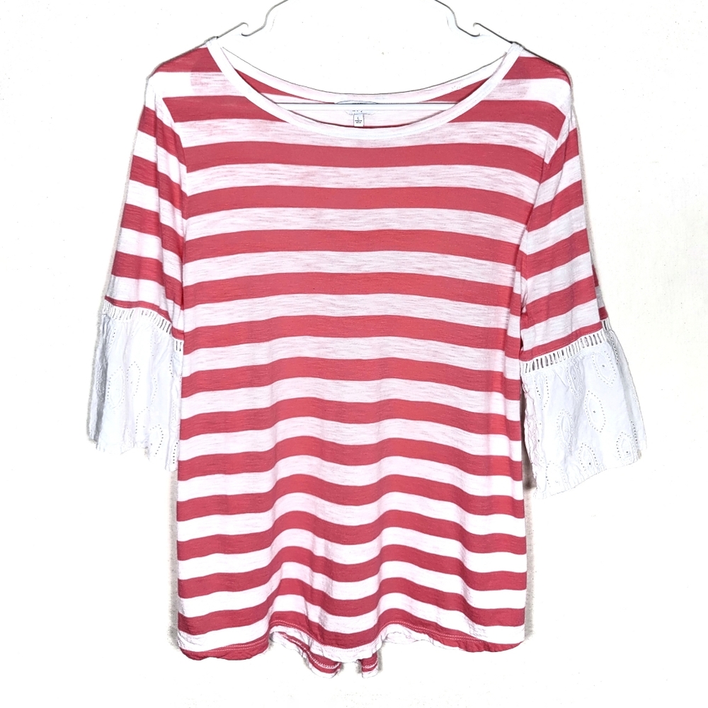 crown & ivy 3/4 length sleeve blouse flutter pink white horizontal stripe L larg